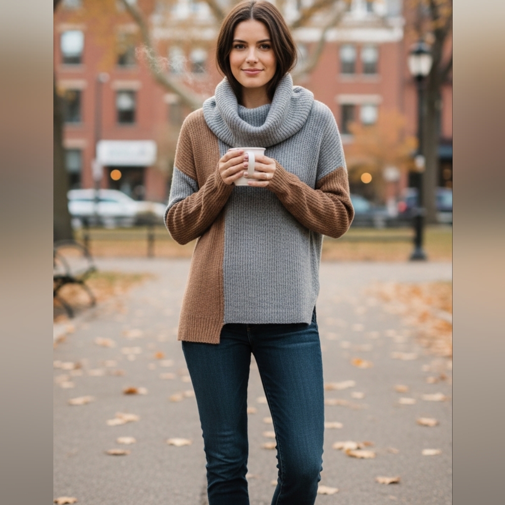 Adyson Parker Gray and Tan Color Black Cowl Neck Sweater